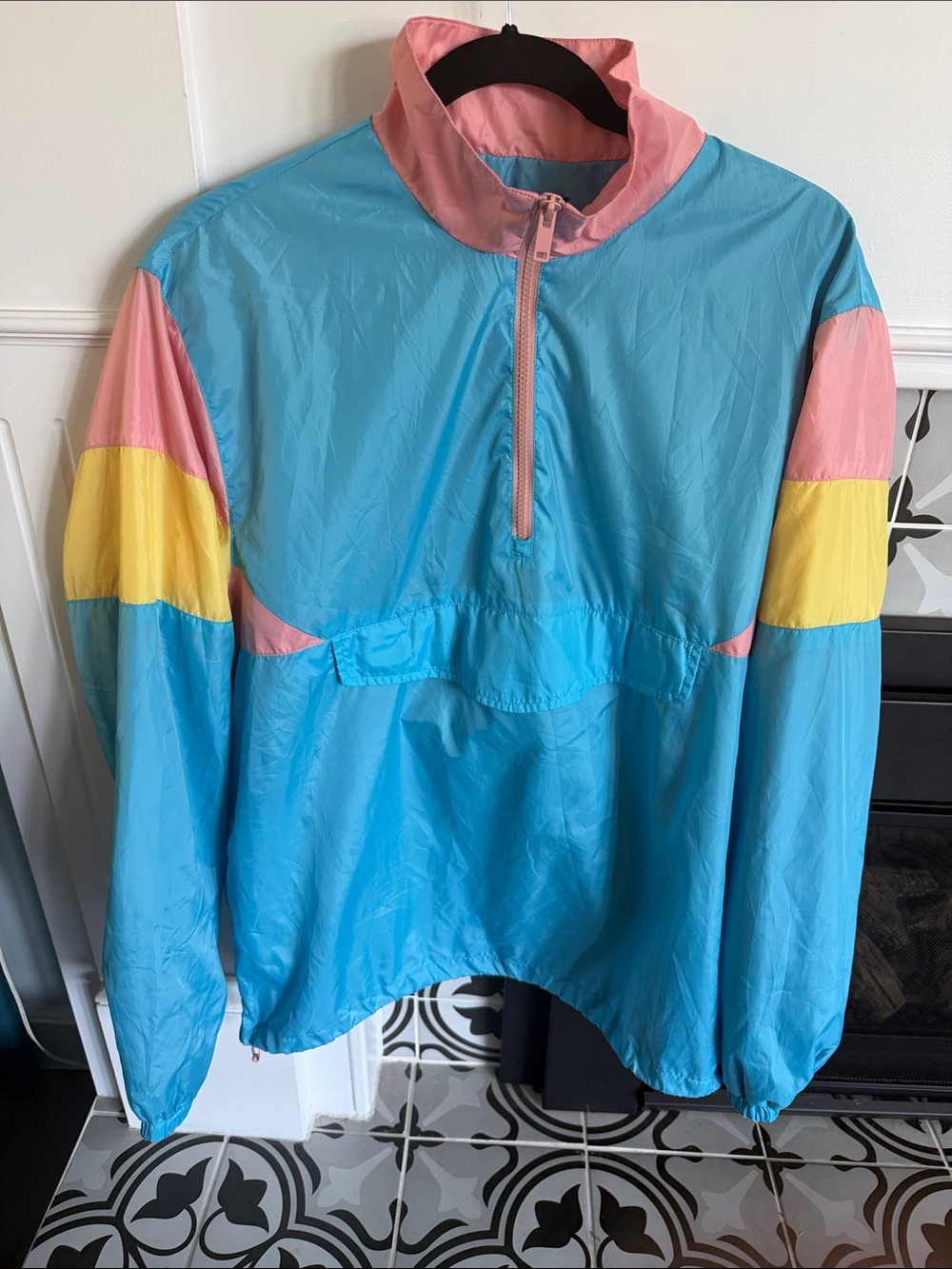 Oversized Windbreaker Pullover - Blue with Pink & Yellow Panels